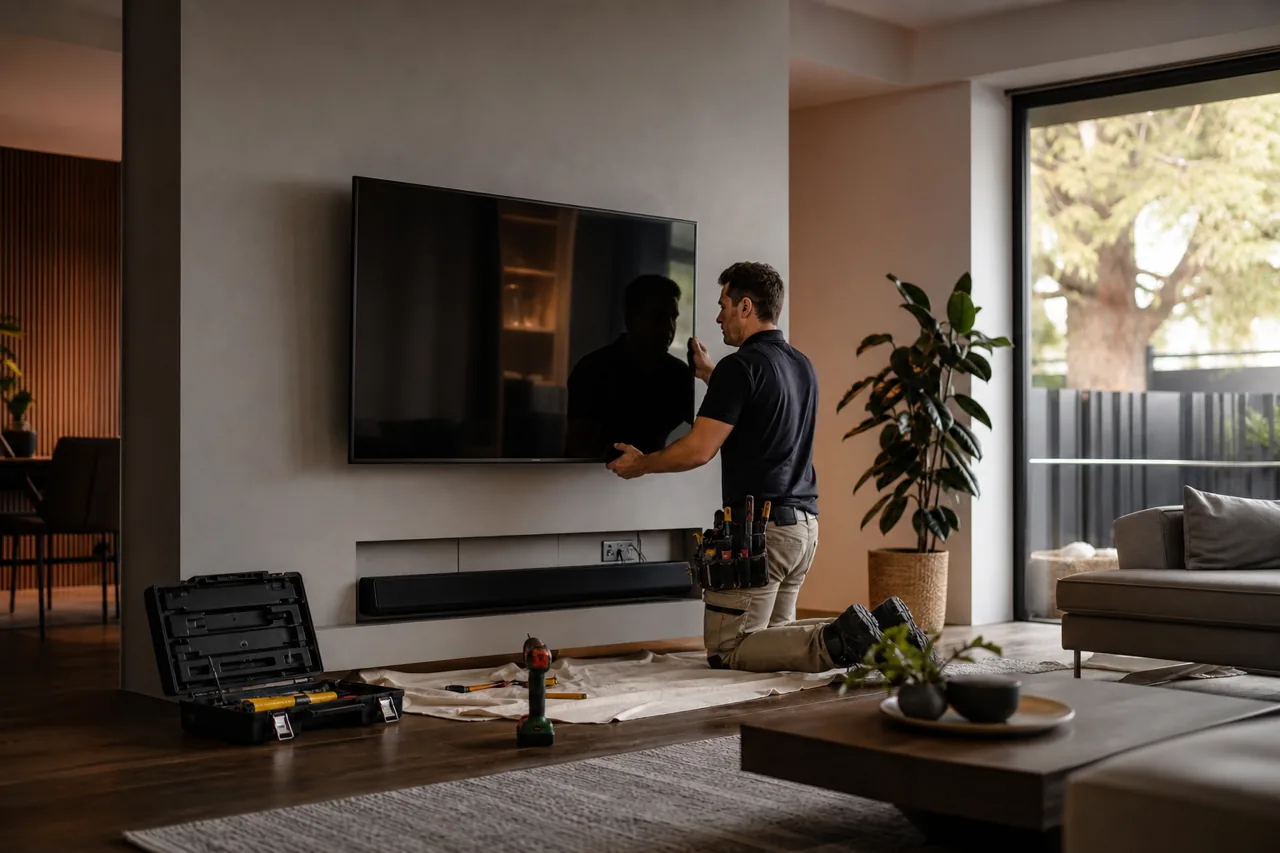 Television wall mounting installation in a Perth home